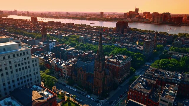 Distancing from the gorgeous the Church of the Covenant in the Back Bay area of Boston, Massachusetts, USA. 
