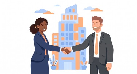 Fototapeta premium Two Business Professionals Shaking Hands in Front of Office