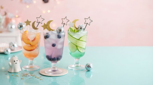 Pastel disco Halloween cocktails with cute ghost and mirror ball decoration on table. Spooky party drink concept with festive beverage for celebration and holiday gathering with copy space