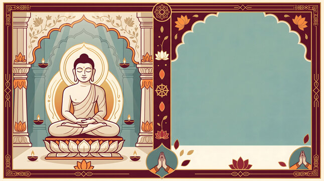 Buddha meditating in ornate temple archway with oil lamps and decorative border for invitation.