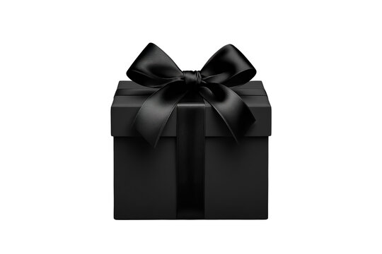 Black gift box wrapped with a large glossy black ribbon bow