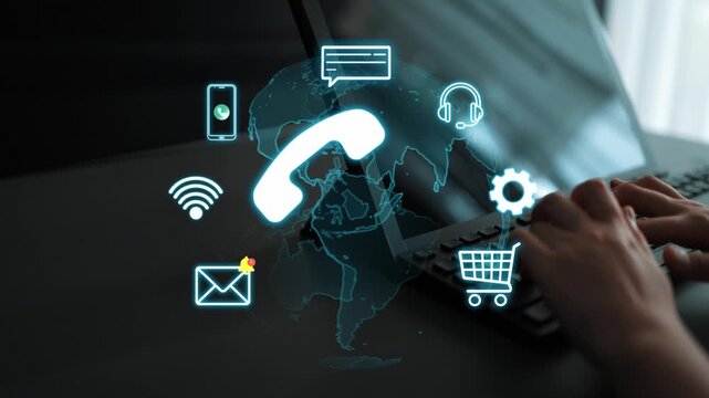 Circle of icons representing 24-7 customer support with phone, email, chat, and settings symbols on a modern workspace background. Entropy.