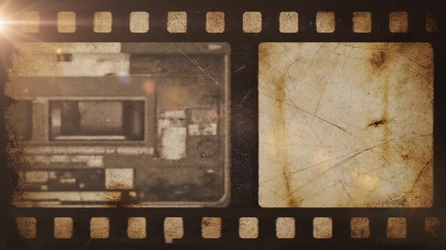 Vintage film strip with aged paper textures and light leaks during a nostalgic cinematic sequence