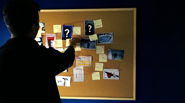 Frustrated police investigator looking for clues and evidence on a crime board with pictures and sticky notes connected with a red thread, putting an unsolved post it on the unsolved case