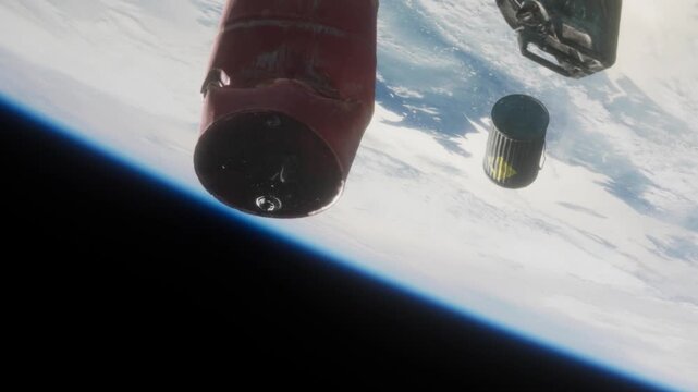 A rocket booster is seen separating from a spacecraft while it travels through space. The view shows Earth in the background with a dark sky surrounding it.
