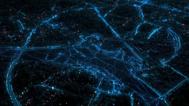 An aerial view shows a city at night with glowing water system routes under the streets, creating a vibrant urban landscape.