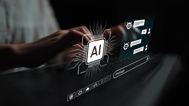 Hands Typing on Keyboard with AI Interface Displaying Chat Features in Dark Environment for Digital Communication and Technology Concept. Entropy.