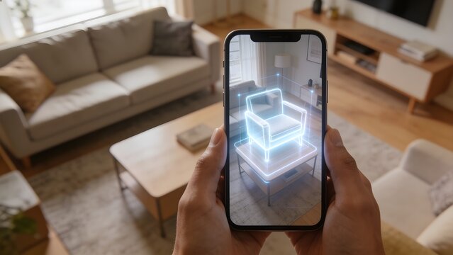 POV Hands Holding Sleek Smartphone Projecting Glowing AR Overlay For Home Furniture Planning And Interior Design