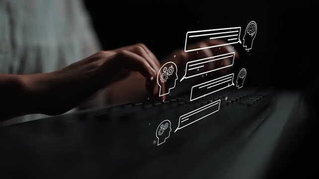 Digital Communication Concept with Hand Typing on Keyboard Surrounded by Thought Bubbles Representing Ideas and Discussions in Dark Environment. Entropy.