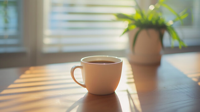 柔らかな自然光に包まれた整然としたデスクのコーヒーカップ