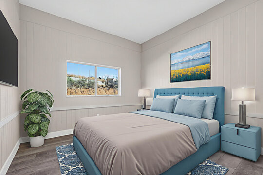 Cozy modern bedroom with blue upholstered bed and plant accents