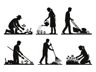 Naklejka premium Gardening and Yard Work Silhouette Icons Set with People Maintaining a Garden