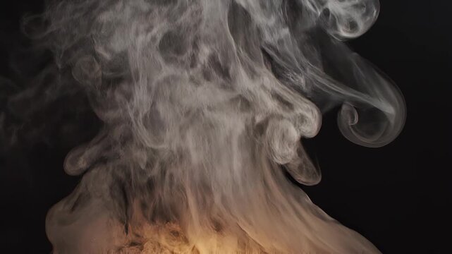 Wispy white smoke plumes rising and swirling against a dark background with subtle orange light illuminating the base
