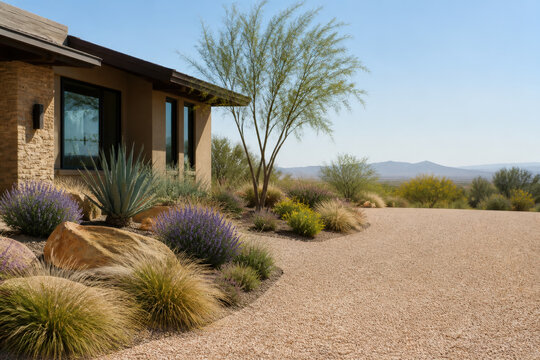 Drought Resistant Landscape Around Modern Home for Water Conservation Climate Adaptation and Sustainable Garden Design