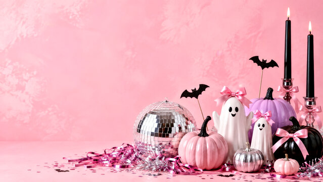 Pink Coquette Halloween Background with Cute Ghosts, Pastel Pumpkins, Disco Ball and Copy Space