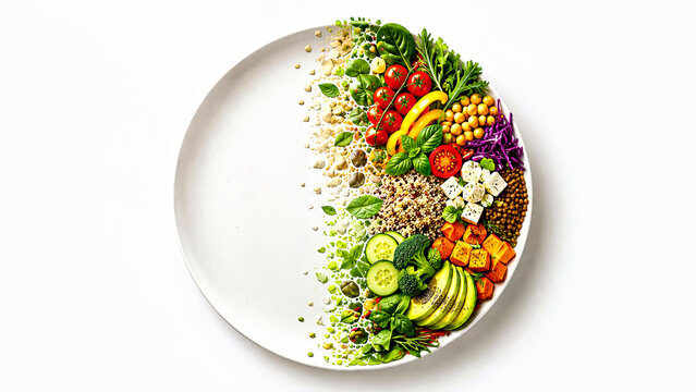 One Half of Plate is Empty, The Other Half Transforms into a Vegetarian Arrangement Filled with Vegetables