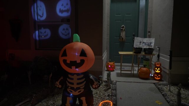 Front porch of a suburban house decorated for Halloween at night with pumpkins, jack-o-lanterns, and orange rope lights. An inflatable pumpkin skeleton stands by a candy table with a sign for trick-or