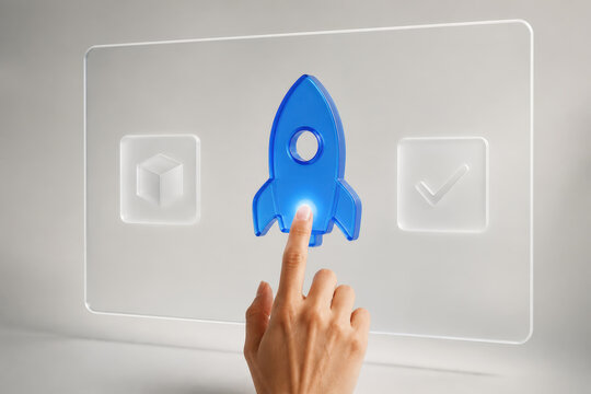 Final Launch Trigger with Blue Rocket Symbol for Product Release Startup Growth and Go to Market Execution