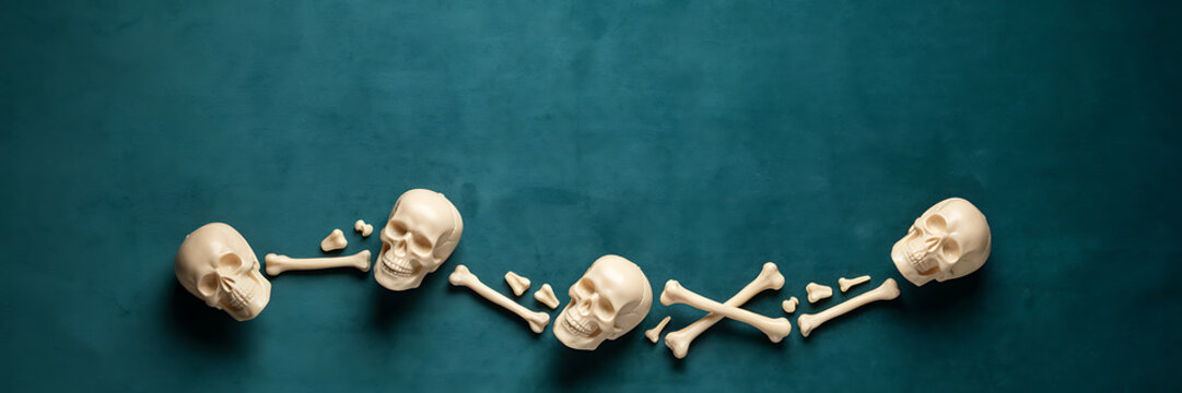 Human skulls and scattered bones arranged in a line on a dark teal velvet background, for spooky and, gothic themed compositions
