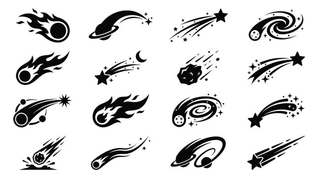 Space astronomy icons collection, comets asteroids meteorites and spiral galaxies symbols for science education, astronomy projects and cosmic vector designs