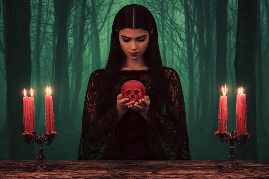 Mysterious woman in dark forest holding a red skull with candles burning