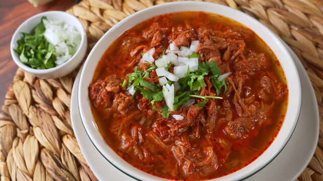 Freshly Prepared Birria de Res, Traditional Mexican food with chili broth