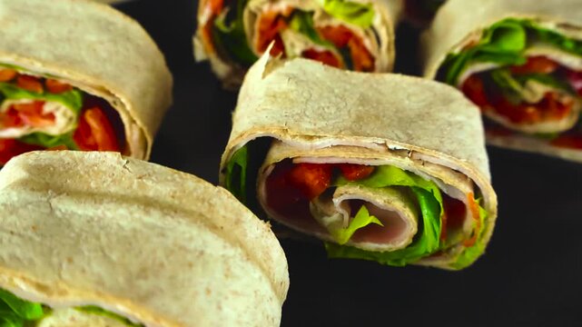 Close up camera glide over delicious lavash pinwheel rolls filled with fresh lettuce, red pepper, and ham, showcasing a tasty appetizer or snack perfect for any party or catering event