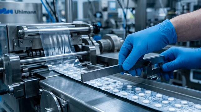 Hands in blue gloves operating pharmaceutical blister packaging machine in factory