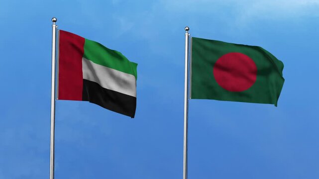 United Arab Emirates  and Bangladesh Waving Flags, 3D Illustration.