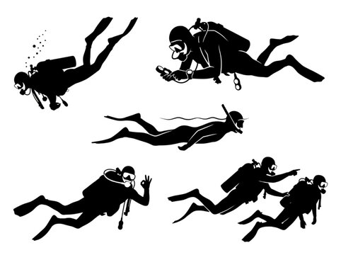 Silhouettes of divers exploring the underwater world on a white background