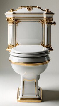 Luxury white ceramic toilet with elegant gold trim. High end porcelain commode features ornate classical design, decorative metal details. Expensive bathroom fixture for premium interior decor. Royal