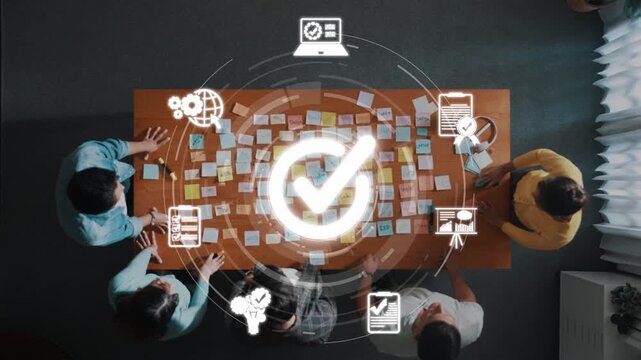 A dynamic team engages in a productive planning session using sticky notes and digital icons, symbolizing collaboration, strategy, and effective communication in a workspace. Raster