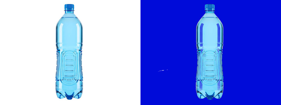 A clear plastic water bottle filled with liquid isolated on a white background, and also shown, against a solid, blue background for editing isolated on a transparent background