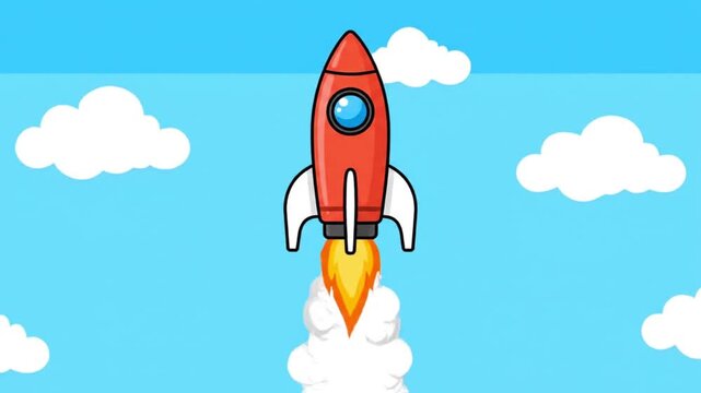 Cartoon Rocket Launching into Blue Sky with Clouds.