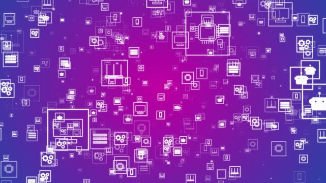 Abstract Digital Technology Network Background Featuring Floating White Line Icons Of Servers Routers Microchips Gears And Robots On A Vibrant Purple And Blue Gradient Backdrop In A Futuristic Cyber