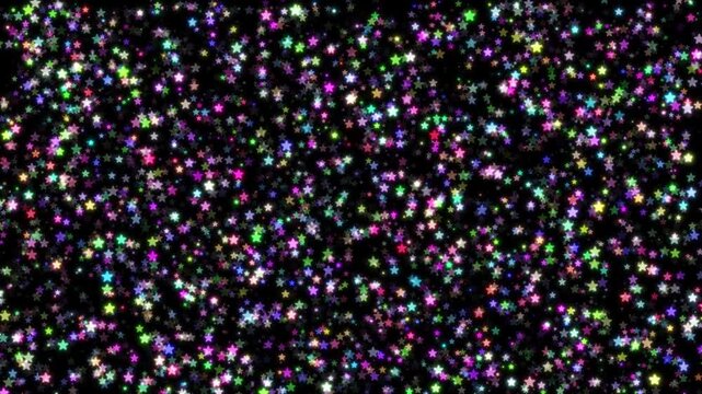 Vibrant Multicolor Star Particles Twinkling On Black Background Creating A Magical Glowing Night Sky Effect, Festive Glittering Confetti Stars Shimmering In Seamless Loop Abstract Motion Graphic, Whim