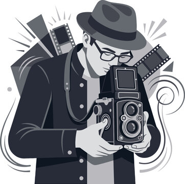 Vintage photographer vector illustration, retro man with twin lens reflex camera, monochrome filmmaker character with film strips