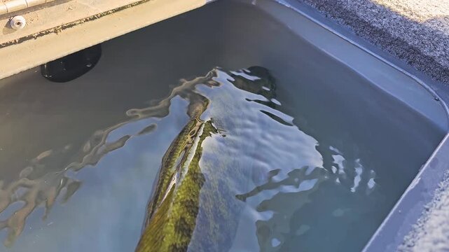 Detailed freshwater bass scene showing smallmouth bass in a live well, with gray boat compartment, red drain plug, and bright outdoor fishing conditions.
