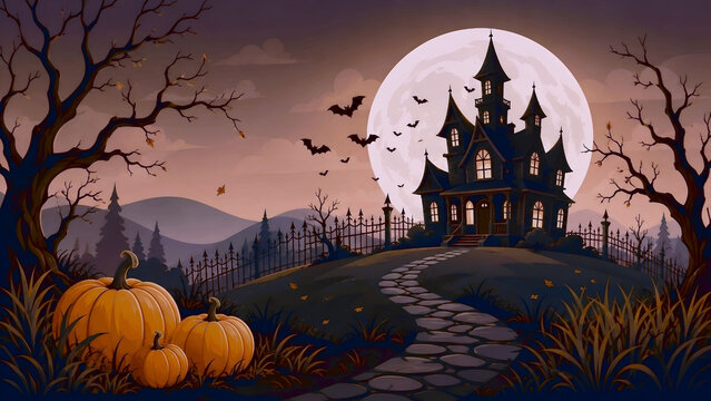 Spooky halloween night background with haunted house full moon bats and carved pumpkins