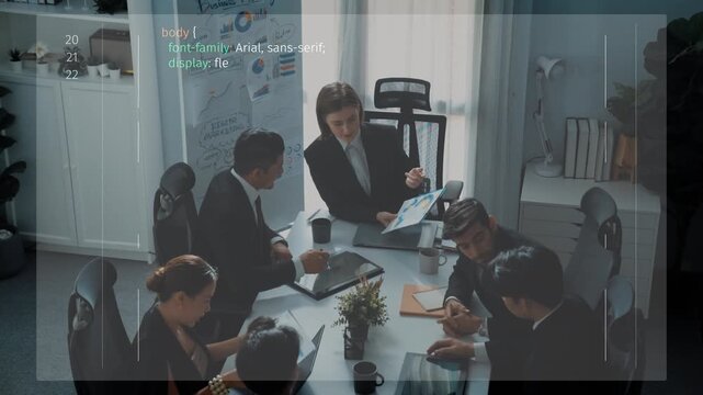 A diverse team collaborates in a modern office setting, brainstorming innovative solutions while surrounded by coding elements on a screen, emphasizing teamwork and productivity. Raster