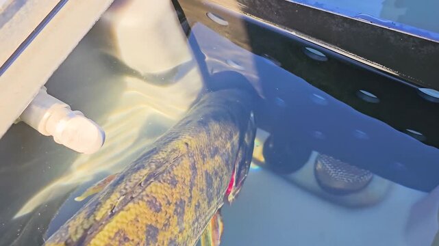 Detailed view of smallmouth bass inside an open live well, with water shimmer, golden fish body, gray boat hardware, and sunny lake fishing catch storage.