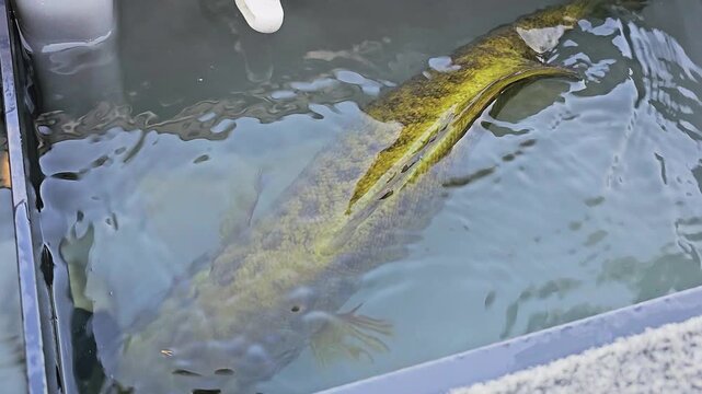 Overhead view of smallmouth bass in a bass boat live well, with red drain fitting, water reflections, gray compartment, and careful catch storage before release.