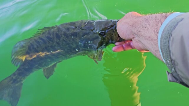Freshly caught smallmouth bass is returned to the lake, gliding below the surface with ripples, bubbles, and angler hand above the water during a sunny fishing trip.