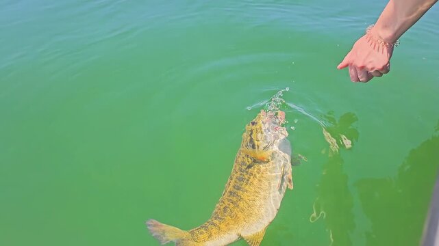 Smallmouth bass glides away in slow motion after release, with detailed bronze scales, surface reflections, and peaceful freshwater fishing footage captured in bright daylight.
