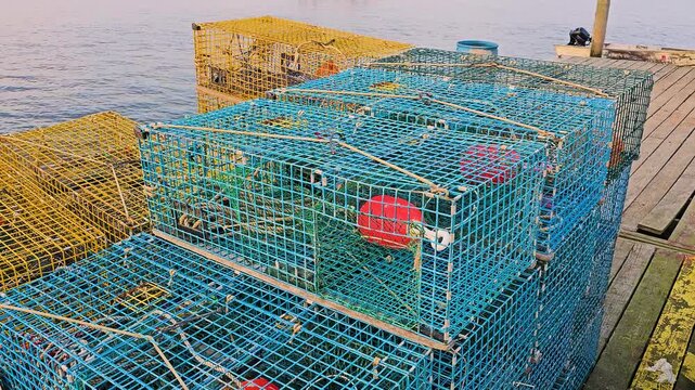 Busy fishing dock with rows of lobster pots, blue barrels, rope lines, boat nearby, and calm bay water creating an authentic coastal work environment.