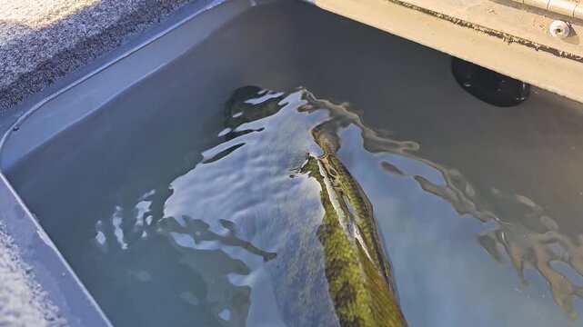 Boat live well filled with water holds a freshly caught smallmouth bass, with bronze scales, bright reflections, red fitting, and tournament fishing preparation.