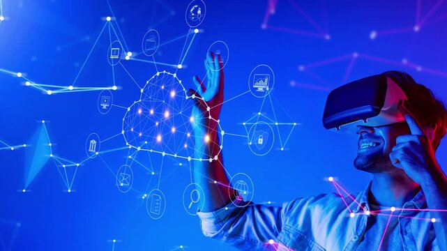 A young man is immersed in a virtual reality experience, interacting with digital connections and cloud icons, showcasing the merger of technology and lifestyle in a neon setting. Raster