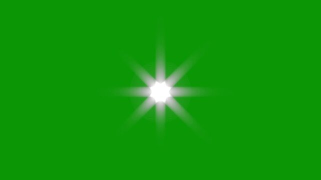 White shining star light effect, abstract loop center flickering glow white star optical shine light lens flares animation on green background. stock video with bright fla, retro shine movement. 4k
