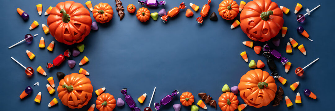 A festive halloween border on a dark blue background, featuring orange jack-o-lantern, pumpkins, candy corn, lollipops, and wrapped, candies for parties