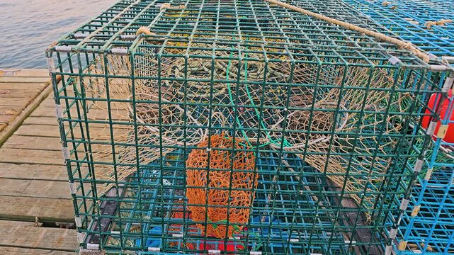 Working waterfront lobster traps sit piled together, with worn blue wire cages, green netting, rope knots, and buoy marker for fishing dock and seafood industry footage.